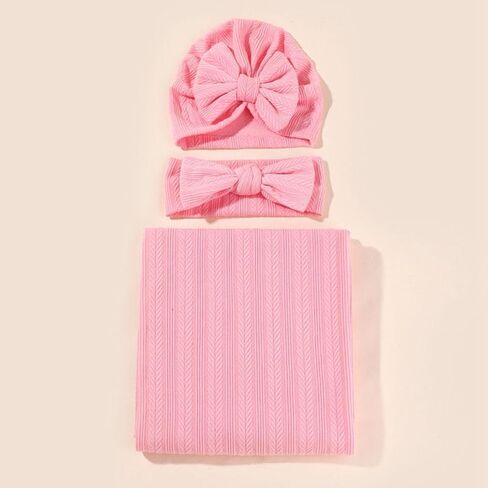 QandSweet Newborn Receiving Blanket Headband Hat Set Baby Swaddle swaddling Blanket (Pink Beige) in Saudi Arabia