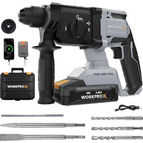WORKPROX 20V Cordless Rotary Hammer Drill, 7/8" SDS-Plus, 2.0J Hammer Drill for Concrete with 4 Functions, Brushless Motor, 4.0Ah Battery & LED Light, Lightweight SDS Hammer Drill for Home Use in Kuwait