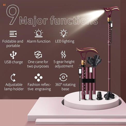عصا قابلة للطي من ispuoocti، عصا إنذار ذكية قابلة للطي مع ضوء، عصا مشي أنيقة للنساء والرجال، عكاز قابل للتعديل لكبار السن، شحن مباشر عبر USB، خفيف الوزن ومحمول in Kuwait