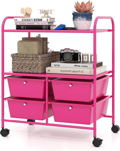 COSTWAY 4-Drawer Storage Cart, Mobile Storage Organizer w/Steel Frame & 360° Wheels, 4-Drawer Utility Cart for Living Room, Kitchen, Bathroom & Office, Six Colors Available (Black) in Kuwait