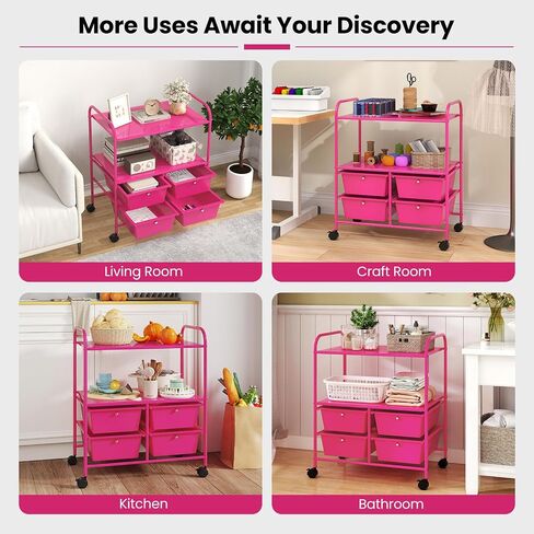 COSTWAY 4-Drawer Storage Cart, Mobile Storage Organizer w/Steel Frame & 360° Wheels, 4-Drawer Utility Cart for Living Room, Kitchen, Bathroom & Office, Six Colors Available (Black) in Kuwait