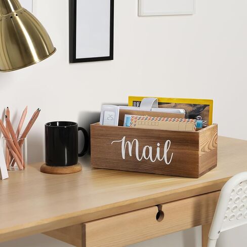 DRASTAR Mail Organizer, Mail Holder with 2 Slots, Mail Basket for Wall Table Countertop, Wood Desk Mail Organizer, Black Envelope Holder for Home Office Decor in Kuwait