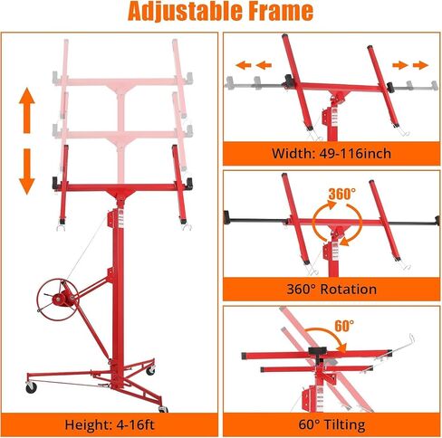 16FT Drywall Lift, 150 LBS Adjustable 4-9.5FT Telescopic Panel Hoist with Built-in Winch, Heavy Duty Drywall Sheetrock Lift with Locking Wheels for DIY & Installation in Saudi Arabia