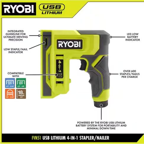 Ryobi USB Lithium 4-in-1 Stapler/Nailer Kit ، اللاسلكي مع بطارية 3AH ، 600+ من المواد الغذائية لكل شحنة ، مؤشر LED ، دليل الدقة in Saudi Arabia