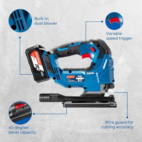 Dong Cheng 20V Brushless Jigsaw ، 26 مم السكتة الدماغية ، 800-3500 SPM ، 0-45 ° شطبة ، 6 سرعات ، مدارية ، LED مزدوج ، منفاخ غبار ، مع بطارية 4AH ، شاحن ، 6 شفرات ، دليل حقيبة السكك الحديدية والأدوات in Kuwait