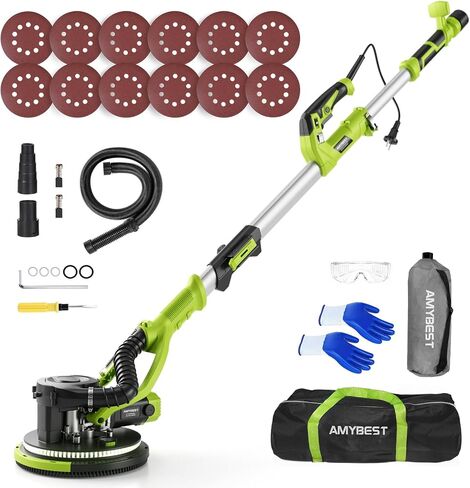 AMYBEST Drywall Sander, Powerful Electric Drywall Sander with Vacuum Dust Collection, 5 Speed 1000-2100 RPM, Popcorn Ceiling Remover, LED Light & 12 Sanding Discs, Extendable Handle (GREEN） in Saudi Arabia