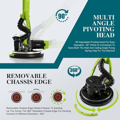 AMYBEST Drywall Sander, Powerful Electric Drywall Sander with Vacuum Dust Collection, 5 Speed 1000-2100 RPM, Popcorn Ceiling Remover, LED Light & 12 Sanding Discs, Extendable Handle (GREEN） in Saudi Arabia