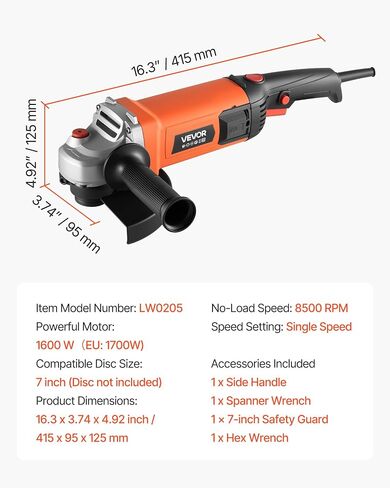 VEVOR Angle Grinder, 7" Electric Grinder Power Tool, 13Amps 8500RPM High-Speed Corded Angle Grinders with 270° Adjustable Dust Guard for Metal Grinding, Cutting, Rust Removal (Disc Not Included) in Kuwait
