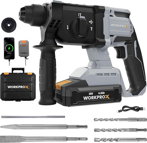 تدريبات مطرقة دوارة من Workprox 20V ، 7/8 "SDS-Plus ، 20J تمرين مطرقة للخرسانة مع 4 وظائف ، محرك بدون فرش ، بطارية 4.0AH وضوء LED ، حفر مطرقة SDS خفيفة الوزن للاستخدام المنزلي in Saudi Arabia