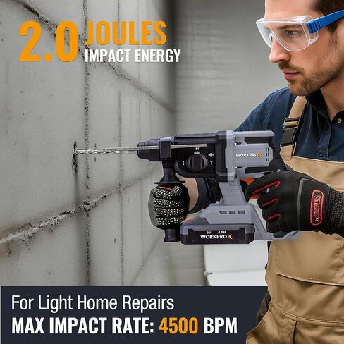 تدريبات مطرقة دوارة من Workprox 20V ، 7/8 "SDS-Plus ، 20J تمرين مطرقة للخرسانة مع 4 وظائف ، محرك بدون فرش ، بطارية 4.0AH وضوء LED ، حفر مطرقة SDS خفيفة الوزن للاستخدام المنزلي in Saudi Arabia