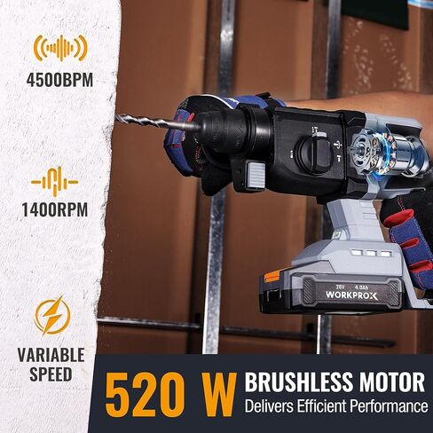 تدريبات مطرقة دوارة من Workprox 20V ، 7/8 "SDS-Plus ، 20J تمرين مطرقة للخرسانة مع 4 وظائف ، محرك بدون فرش ، بطارية 4.0AH وضوء LED ، حفر مطرقة SDS خفيفة الوزن للاستخدام المنزلي in Saudi Arabia