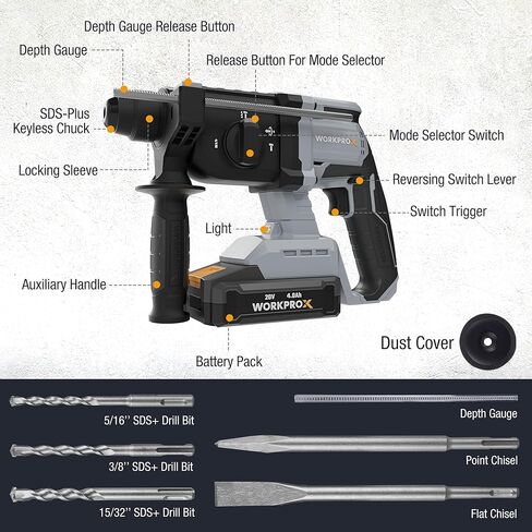 تدريبات مطرقة دوارة من Workprox 20V ، 7/8 "SDS-Plus ، 20J تمرين مطرقة للخرسانة مع 4 وظائف ، محرك بدون فرش ، بطارية 4.0AH وضوء LED ، حفر مطرقة SDS خفيفة الوزن للاستخدام المنزلي in Saudi Arabia