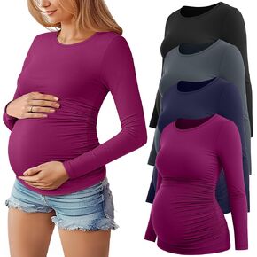 Huukeay 4 Pack Women's Maternity T Shirts, Long Sleeve Side Ruched Pregnancy Top Crew Neck Bodycon Shirts Casual Mama Clothes in Saudi Arabia