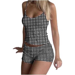 Women Plaid Printed Pajama Sets Spaghetti Strap Camisole Crop Top and Shorts 2 Piece Summer Casual Y2k Sleepwears in Kuwait