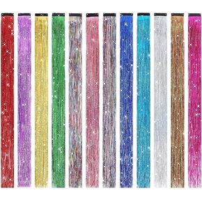 وصلات شعر من بي إتش إف بطول 48.26 سم ذات 12 لونًا لامعًا لوصلات الشعر بمشبك في مجموعة حلوى الشعر باللون الذهبي اللامع - إكسسوارات الشعر المقاومة للحرارة للفتيات في أعياد الميلاد ورأس السنة in Kuwait