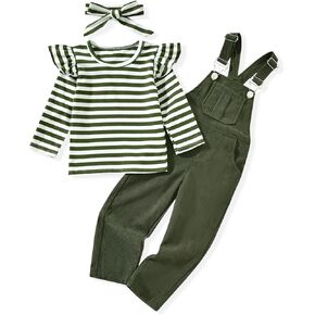 HINTINA 2PCS Baby Girls Clothes Toddler Jumpsuit Rompers Adjustable Ripped Jeans Overalls Set with Long Sleeve Stripe T-Shirt in Kuwait