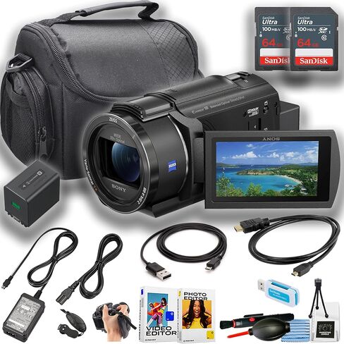 Sony FDR-AX43A UHD 4K Handycam Camcorder + 2PC 64GB بطاقة ذاكرة ULTRA + WRIST GRIP + CAMERA in Saudi Arabia