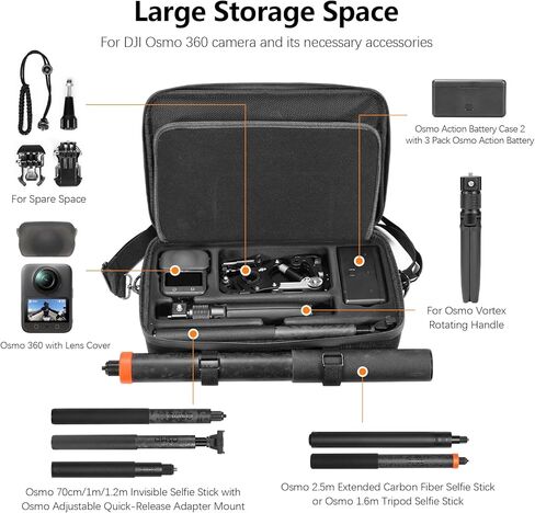 Carrying Case for DJI Osmo 360 Accessories, Portable Nylon Osmo360 Action Camera Travel Bag with Shoulder Strap Fit 2.5M 8.2ft Selfie Stick (Black) in Saudi Arabia