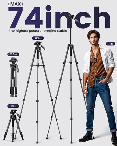 74 "-camera-tripod ، محترف ثلاثي الأبعاد/الساق الكاميرا بدون مرآة/DSLR/الهاتف الخلوي/كاميرا الفيديو/GoPro ، مع حامل الهاتف وحقيبة السفر (Gunmetal Gray) الوزن 2.8 رطل 8.8 رطل 8.8 رطل in Kuwait