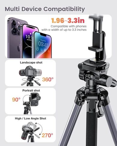 74 "-camera-tripod ، محترف ثلاثي الأبعاد/الساق الكاميرا بدون مرآة/DSLR/الهاتف الخلوي/كاميرا الفيديو/GoPro ، مع حامل الهاتف وحقيبة السفر (Gunmetal Gray) الوزن 2.8 رطل 8.8 رطل 8.8 رطل in Kuwait
