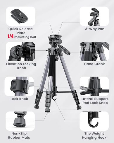 74 "-camera-tripod ، محترف ثلاثي الأبعاد/الساق الكاميرا بدون مرآة/DSLR/الهاتف الخلوي/كاميرا الفيديو/GoPro ، مع حامل الهاتف وحقيبة السفر (Gunmetal Gray) الوزن 2.8 رطل 8.8 رطل 8.8 رطل in Kuwait