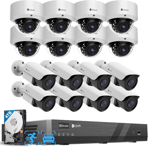 4COVR PoE 16 Camera Security System for Business with 4TB HDD, LYH54A5M1616 | AI Human Vehicle Detection, 8 Dome IK10 Vandal-Proof 8 Bullet 5MP Wired IP Camera IP67, Remote Access, 16 Channel 4K NVR in Kuwait