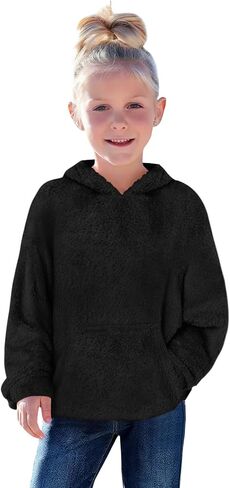 Haloumoning Toddler Girls Fuzzy Fleece Hoodies Baby Kids Warm Pullover Hooded Sweatshirt with Pockets in Kuwait