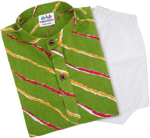 Cotton Baby Boys Sanganeri Lehariya Printed Kurta Set and White Pyjama with Elastic Closure in Saudi Arabia