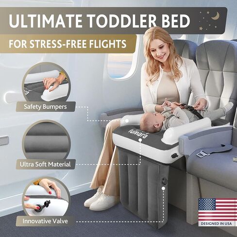 Lumara Toddler Airplane Bed - قاع طائرة قابلة للنفخ للأطفال الصغار ، موسع مقعد الطفل في الطائرة - تفجير مرتبة الهواء لنوم الأطفال مع حزام الأمان ، والصمامات المبتكرة ، ولا تحتاج إلى مضخة مطلوبة in Kuwait