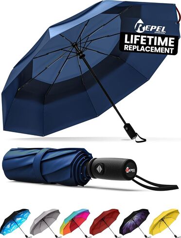 REPEL Windproof Travel Umbrella - Compact & Withstands Winds up to 85MPH , Strongest Premium Auto Folding Umbrella for Rain and Sun - Durable, Light & Portable for Women & Men , Fits Backpack & Cars in Kuwait