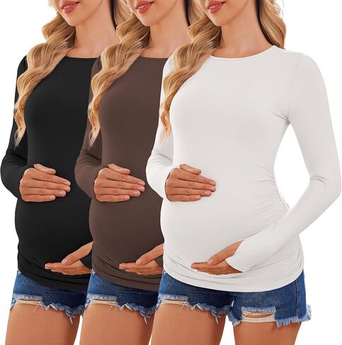 Ekouaer Womens 3 حزمة طويلة الأكمام قمصان الأمومة طاقم الرقبة الحمل الجانب Ruched Tops Tops T-Shirt S-XXL in Kuwait