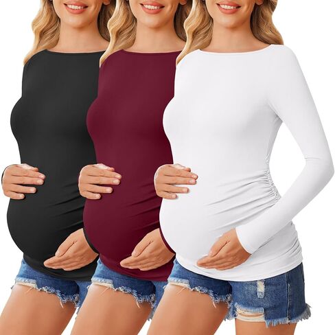 Ekouaer Womens Maternity Shirts Boat Neck 3 Packs Pregnancy Tops Long Sleeve Tunic Tees Casual Blouse New Mama Clothes S-XXL in Saudi Arabia