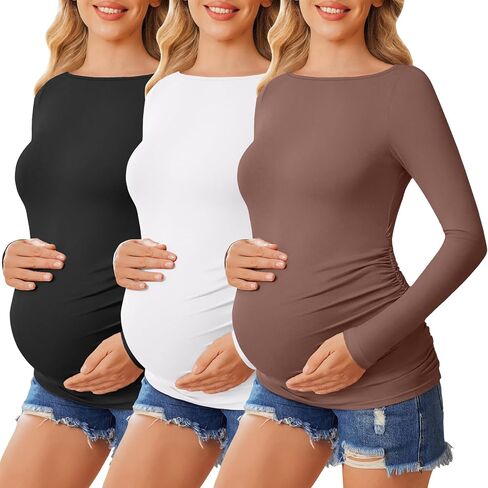 ekouaer نساء قمصان الأمومة القارب عنق القارب 3 حزم الحمل قمم طويلة الأكمام تيتس بلوزة عارضة جديدة ماما الملابس s-xxl in Kuwait