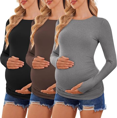 Ekouaer Womens 3 حزمة طويلة الأكمام قمصان الأمومة طاقم الرقبة الحمل الجانب Ruched Tops Tops T-Shirt S-XXL in Kuwait