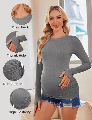 Ekouaer Womens 3 حزمة طويلة الأكمام قمصان الأمومة طاقم الرقبة الحمل الجانب Ruched Tops Tops T-Shirt S-XXL in Kuwait