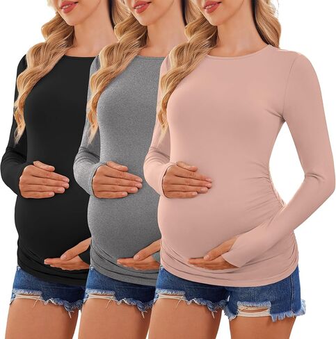 Ekouaer Womens 3 حزمة طويلة الأكمام قمصان الأمومة طاقم الرقبة الحمل الجانب Ruched Tops Tops T-Shirt S-XXL in Kuwait