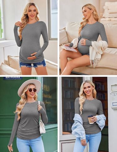 Ekouaer Womens 3 حزمة طويلة الأكمام قمصان الأمومة طاقم الرقبة الحمل الجانب Ruched Tops Tops T-Shirt S-XXL in Kuwait