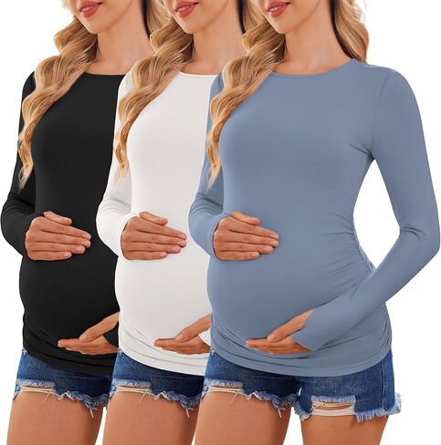 Ekouaer Womens 3 حزمة طويلة الأكمام قمصان الأمومة طاقم الرقبة الحمل الجانب Ruched Tops Tops T-Shirt S-XXL in Kuwait