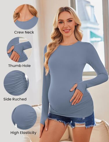Ekouaer Womens 3 حزمة طويلة الأكمام قمصان الأمومة طاقم الرقبة الحمل الجانب Ruched Tops Tops T-Shirt S-XXL in Kuwait