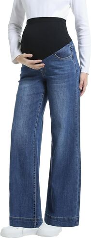 Women's Maternity Jeans Wide Leg Over The Belly Support Stretch Pregnancy Denim Loose Wide Pants with Pockets in Kuwait