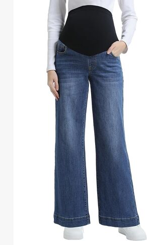 Women's Maternity Jeans Wide Leg Over The Belly Support Stretch Pregnancy Denim Loose Wide Pants with Pockets in Kuwait