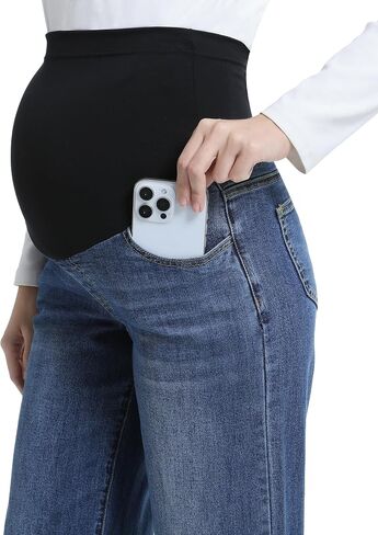 Women's Maternity Jeans Wide Leg Over The Belly Support Stretch Pregnancy Denim Loose Wide Pants with Pockets in Kuwait