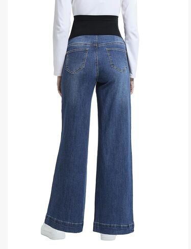 Women's Maternity Jeans Wide Leg Over The Belly Support Stretch Pregnancy Denim Loose Wide Pants with Pockets in Kuwait