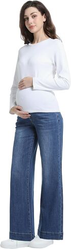 Women's Maternity Jeans Wide Leg Over The Belly Support Stretch Pregnancy Denim Loose Wide Pants with Pockets in Kuwait
