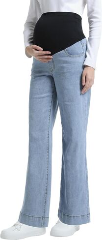 Women's Maternity Jeans Wide Leg Over The Belly Support Stretch Pregnancy Denim Loose Wide Pants with Pockets in Kuwait