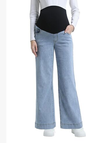 Women's Maternity Jeans Wide Leg Over The Belly Support Stretch Pregnancy Denim Loose Wide Pants with Pockets in Kuwait