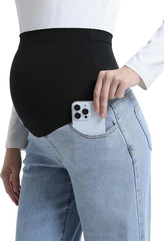 Women's Maternity Jeans Wide Leg Over The Belly Support Stretch Pregnancy Denim Loose Wide Pants with Pockets in Kuwait