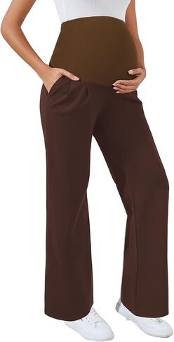 Ecavus Women's Wide Leg Maternity Pants with Pockets - Stretchy Over The Belly Pregnancy Casual and Work Trousers in Saudi Arabia