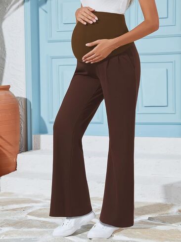 Ecavus Women's Wide Leg Maternity Pants with Pockets - Stretchy Over The Belly Pregnancy Casual and Work Trousers in Saudi Arabia