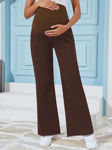 Ecavus Women's Wide Leg Maternity Pants with Pockets - Stretchy Over The Belly Pregnancy Casual and Work Trousers in Saudi Arabia